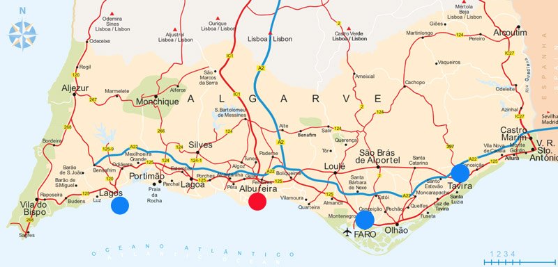 Roteiro do Cultuga na série “Algarve Sem Carro”: Faro – Tavira – Albufeira – Lagos/ Mapa: Visit Portugal