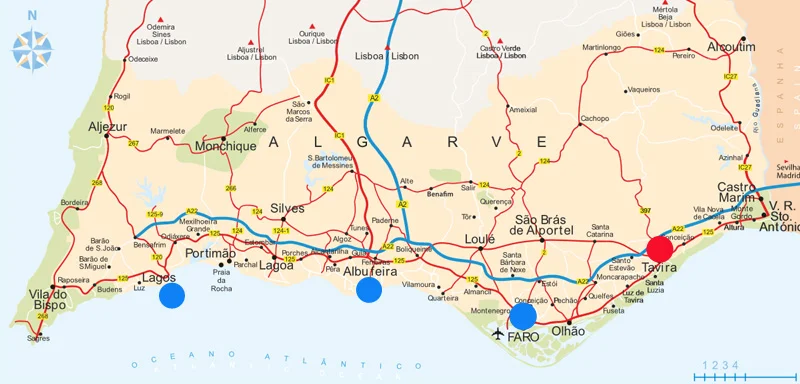 Roteiro do Cultuga na série “Algarve Sem Carro”: Faro – Tavira – Albufeira – Lagos/ Mapa: Visit Portugal