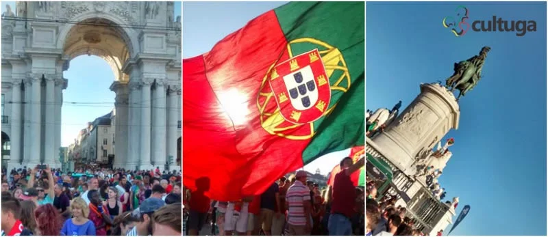 Os torcedores ("adeptos", como dizem aqui) estavam tão empolgados, que até subiram na estátua do D. José