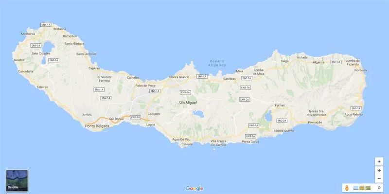 Mapa da Ilha de São Miguel, nos Açores - Portugal